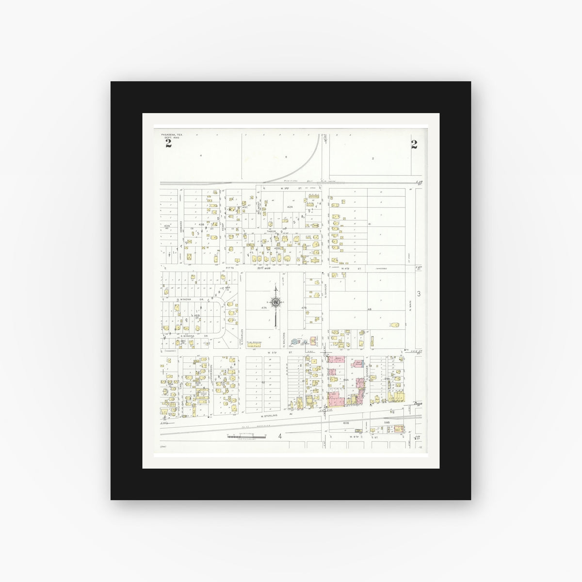 Old map wall art mockup — black gallery frame with white mat — Sanborn Fire Insurance Map from Pasadena, Harris County, Texas (1940), Sheet #0002
