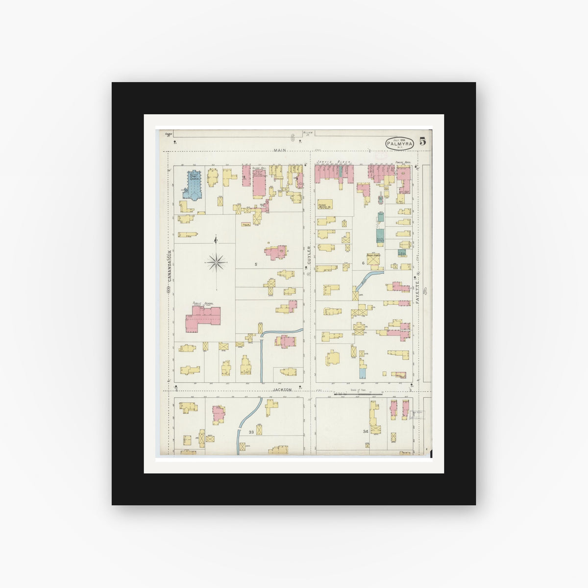 Old map wall art mockup — black gallery frame with white mat — Sanborn Fire Insurance Map from Palmyra, Wayne County, New York (1894), Sheet #0005