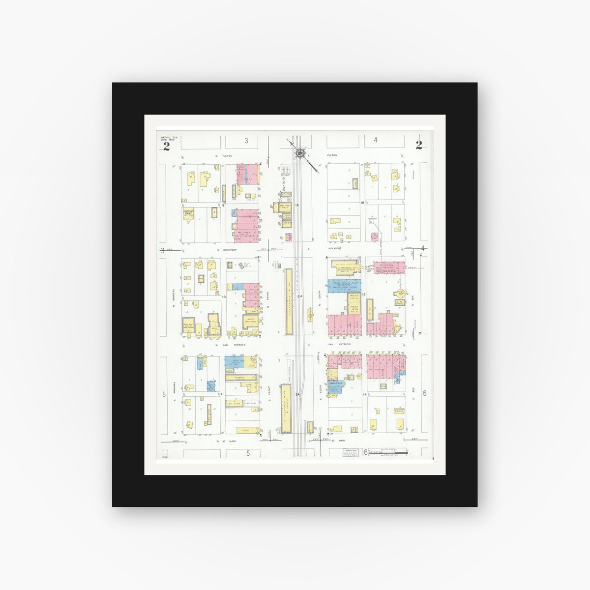 Old map wall art mockup — black gallery frame with white mat — Sanborn Fire Insurance Map from Mathis, San Patricio County, Texas (1950), Sheet #0002
