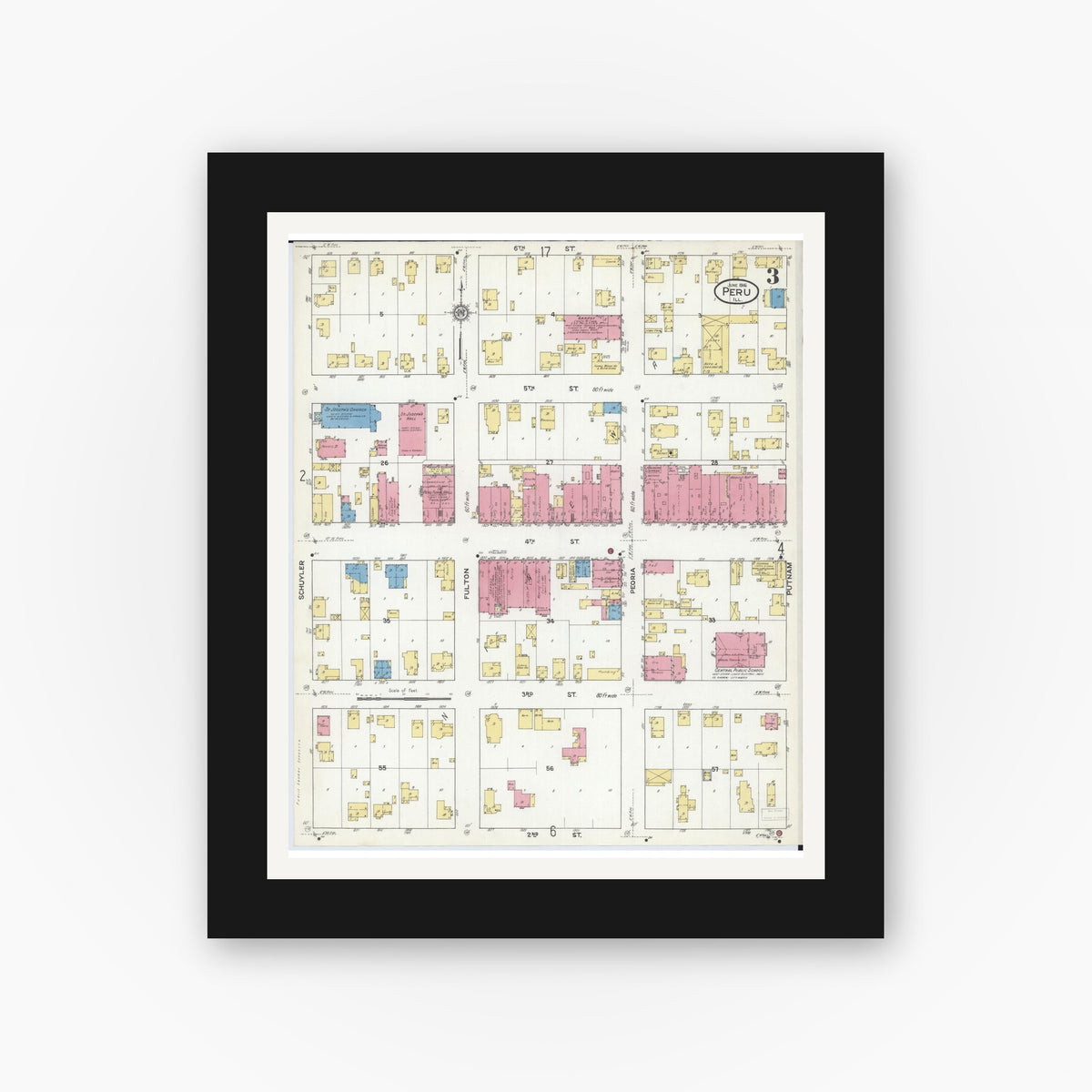 Old map wall art mockup — black gallery frame with white mat — Sanborn Fire Insurance Map from Peru, La Salle County, Illinois (1916), Sheet #0003