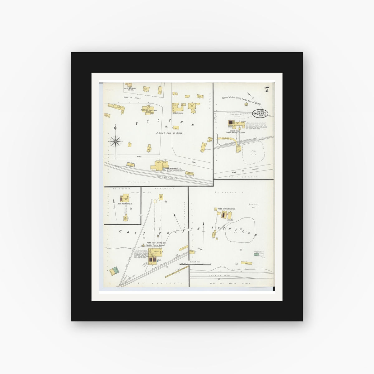 Old map wall art mockup — black gallery frame with white mat — Sanborn Fire Insurance Map from Norway, Dickinson County, Michigan (1900), Sheet #0007