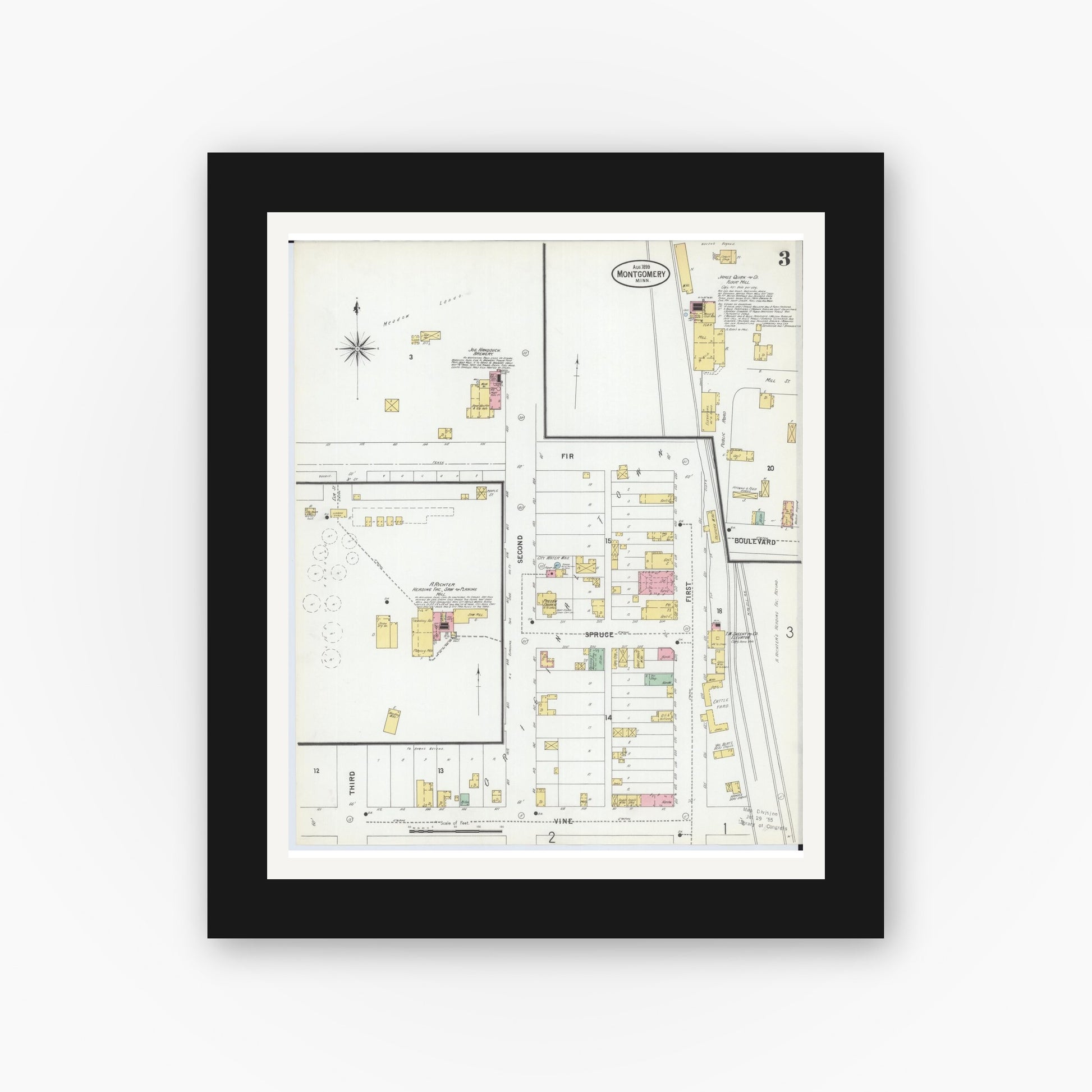 Old map wall art mockup — black gallery frame with white mat — Sanborn Fire Insurance Map from Montgomery, Le Sueur  County, Minnesota (1899), Sheet #0003