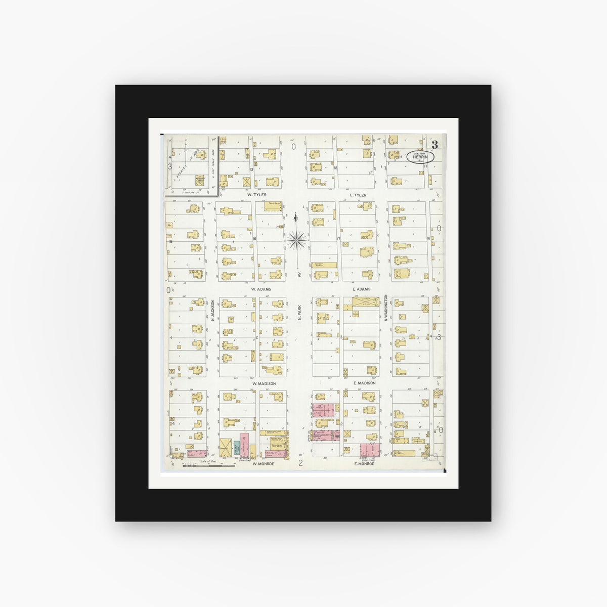 Old map wall art mockup — black gallery frame with white mat — Sanborn Fire Insurance Map from Herrin, Williamson County, Illinois (1905), Sheet #0003