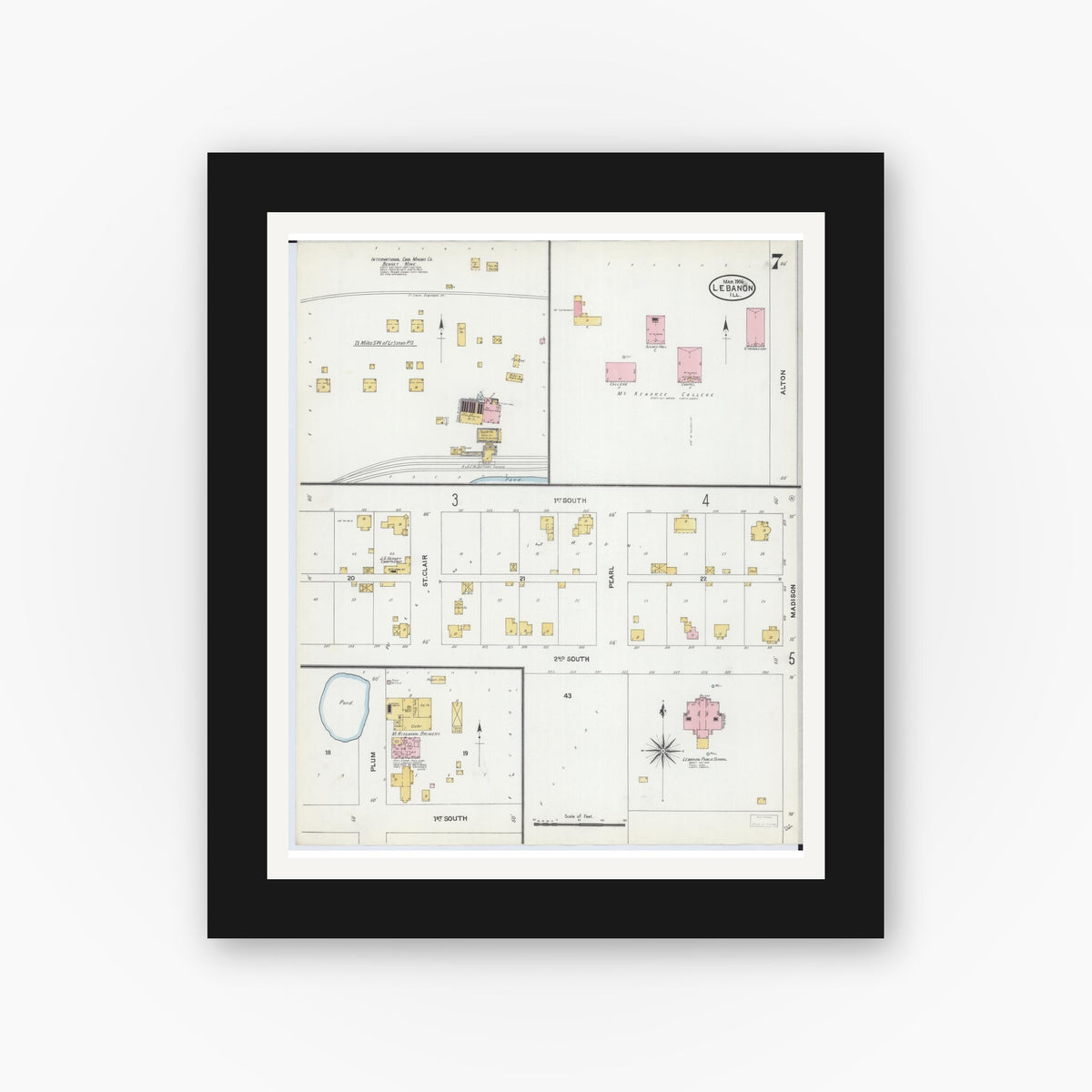 Old map wall art mockup — black gallery frame with white mat — Sanborn Fire Insurance Map from Lebanon, Saint Clair County, Illinois (1906), Sheet #0007