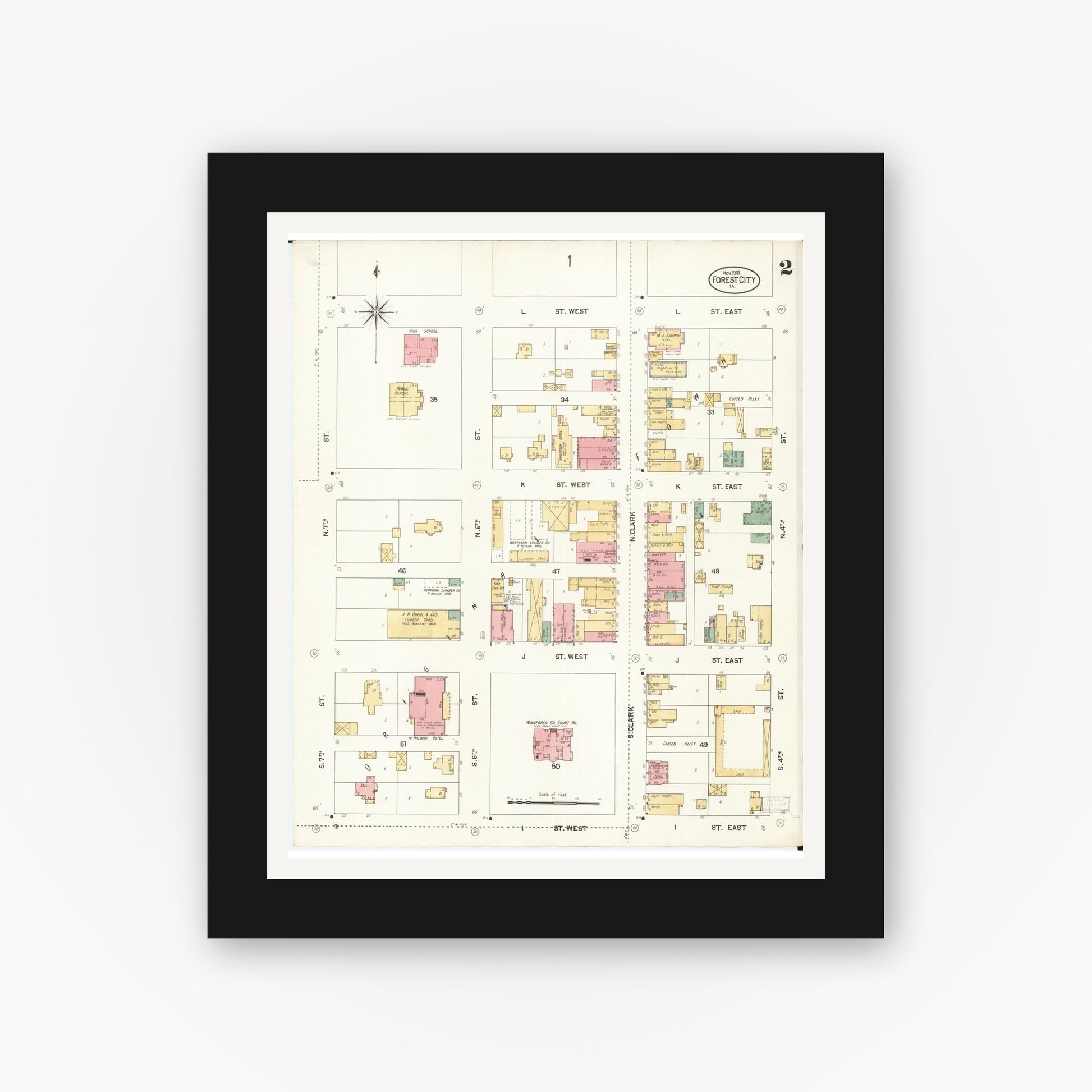 Old map wall art mockup — black gallery frame with white mat — Sanborn Fire Insurance Map from Forest City, Winnebago County, Iowa (1901), Sheet #0002