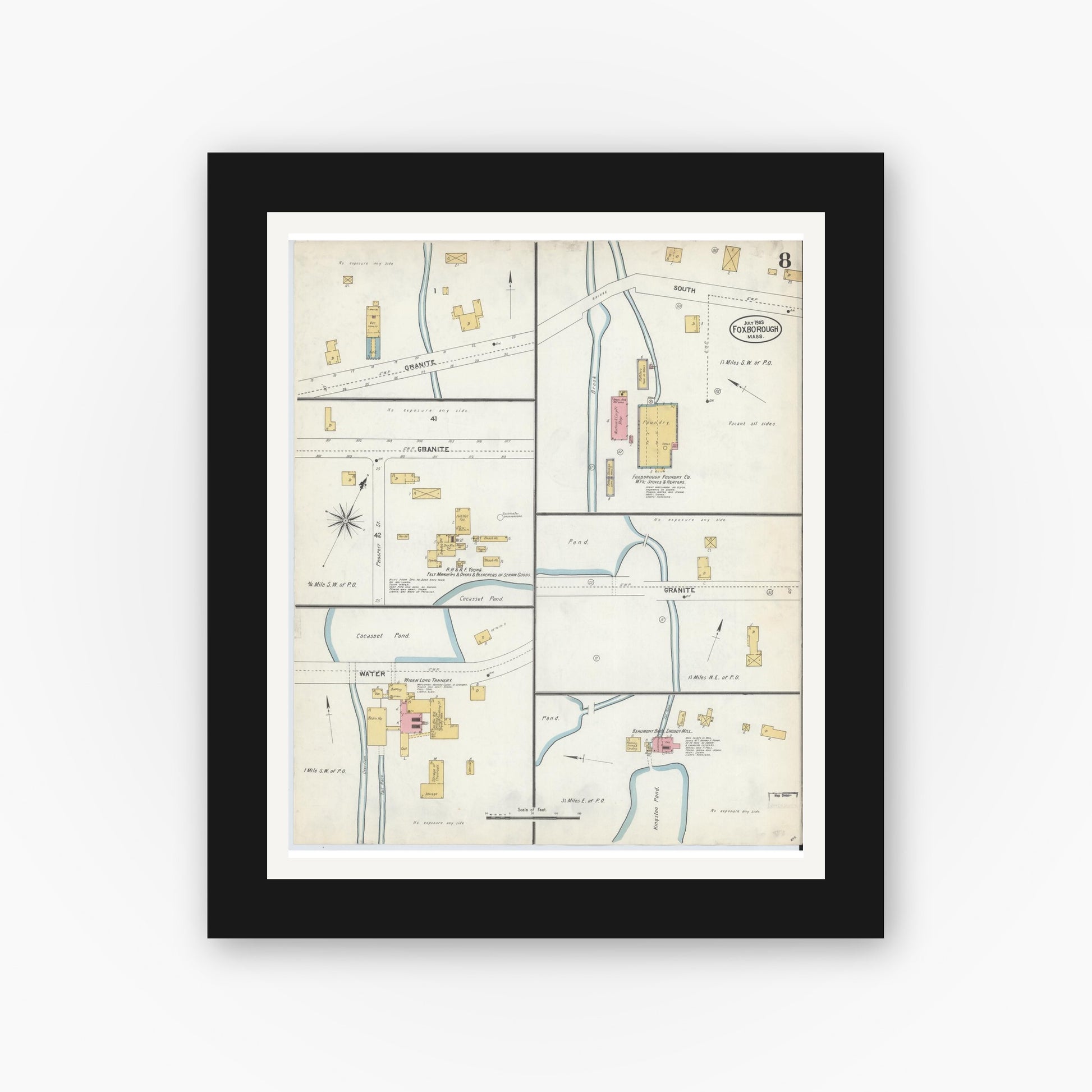 Old map wall art mockup — black gallery frame with white mat — Sanborn Fire Insurance Map from Foxboro, Norfolk County, Massachusetts (1903), Sheet #0008