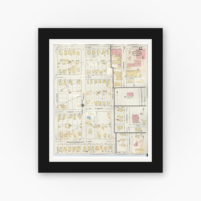 Old map wall art mockup — black gallery frame with white mat — Sanborn Fire Insurance Map from Portland, Jay County, Indiana (1946), Sheet #0012