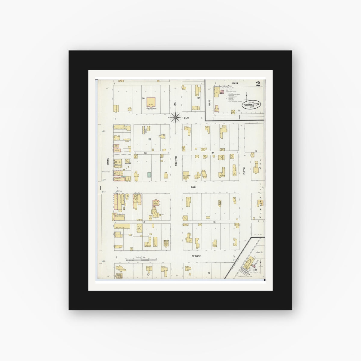 Old map wall art mockup — black gallery frame with white mat — Sanborn Fire Insurance Map from Farmington, Dakota County, Minnesota (1899), Sheet #0002