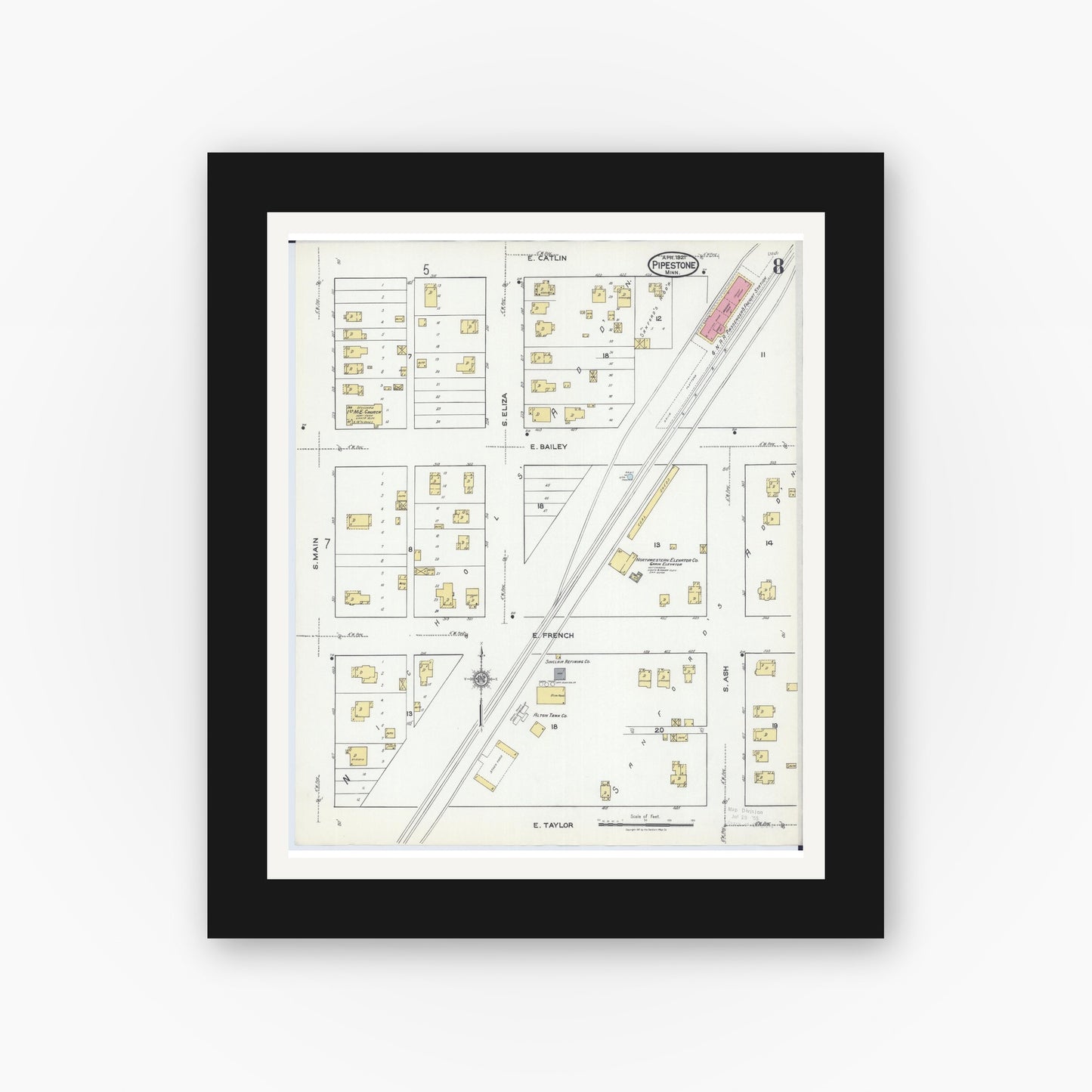 Old map wall art mockup — black gallery frame with white mat — Sanborn Fire Insurance Map from Pipestone, Pipestone County, Minnesota (1921), Sheet #0008