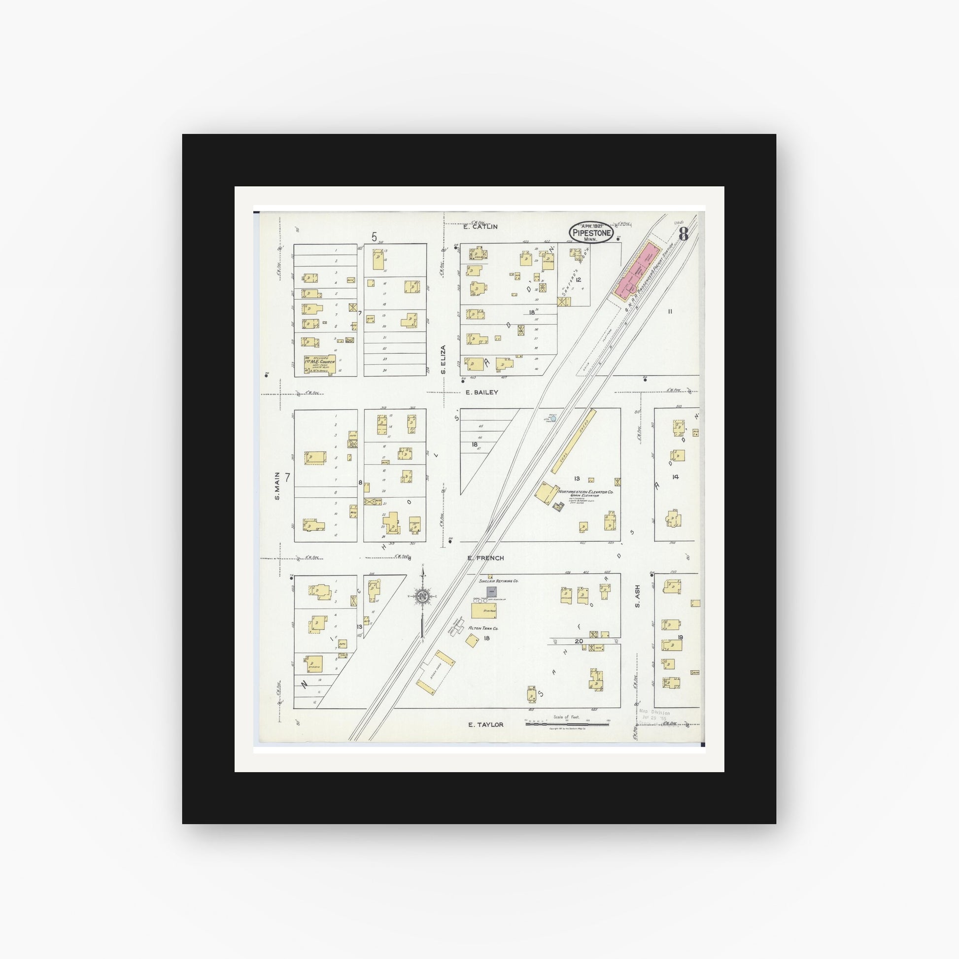 Old map wall art mockup — black gallery frame with white mat — Sanborn Fire Insurance Map from Pipestone, Pipestone County, Minnesota (1921), Sheet #0008