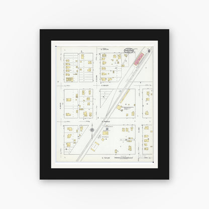 Old map wall art mockup — black gallery frame with white mat — Sanborn Fire Insurance Map from Pipestone, Pipestone County, Minnesota (1921), Sheet #0008