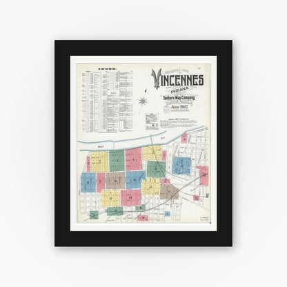 Old map wall art mockup — black gallery frame with white mat — Sanborn Fire Insurance Map from Vincennes, Knox County, Indiana (1902) - Complete Map Set