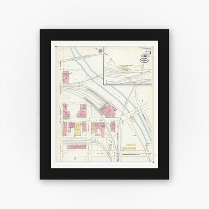Old map wall art mockup — black gallery frame with white mat — Sanborn Fire Insurance Map from Hannibal, Marion County, Missouri (1913), Sheet #0004