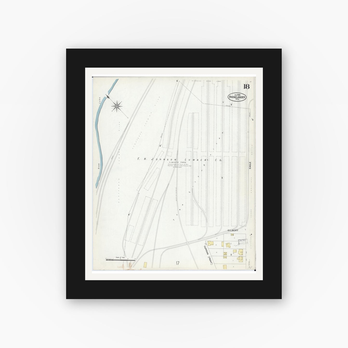 Old map wall art mockup — black gallery frame with white mat — Sanborn Fire Insurance Map from Rhinelander, Oneida County, Wisconsin (1908), Sheet #0018
