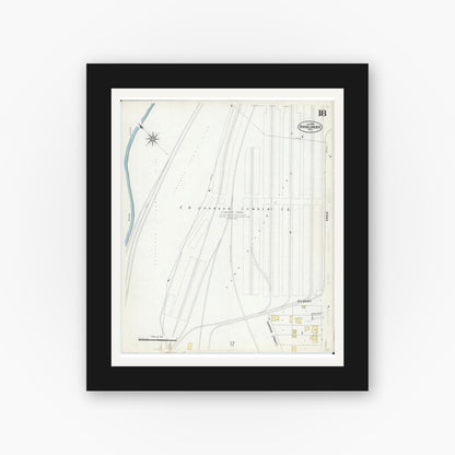 Old map wall art mockup — black gallery frame with white mat — Sanborn Fire Insurance Map from Rhinelander, Oneida County, Wisconsin (1908), Sheet #0018