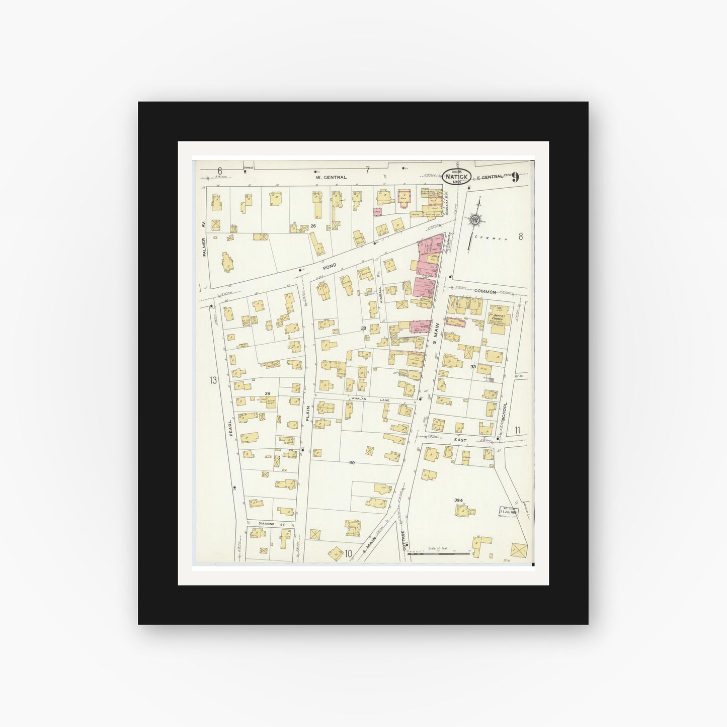 Old map wall art mockup — black gallery frame with white mat — Sanborn Fire Insurance Map from Natick, Middlesex County, Massachusetts (1915), Sheet #0009