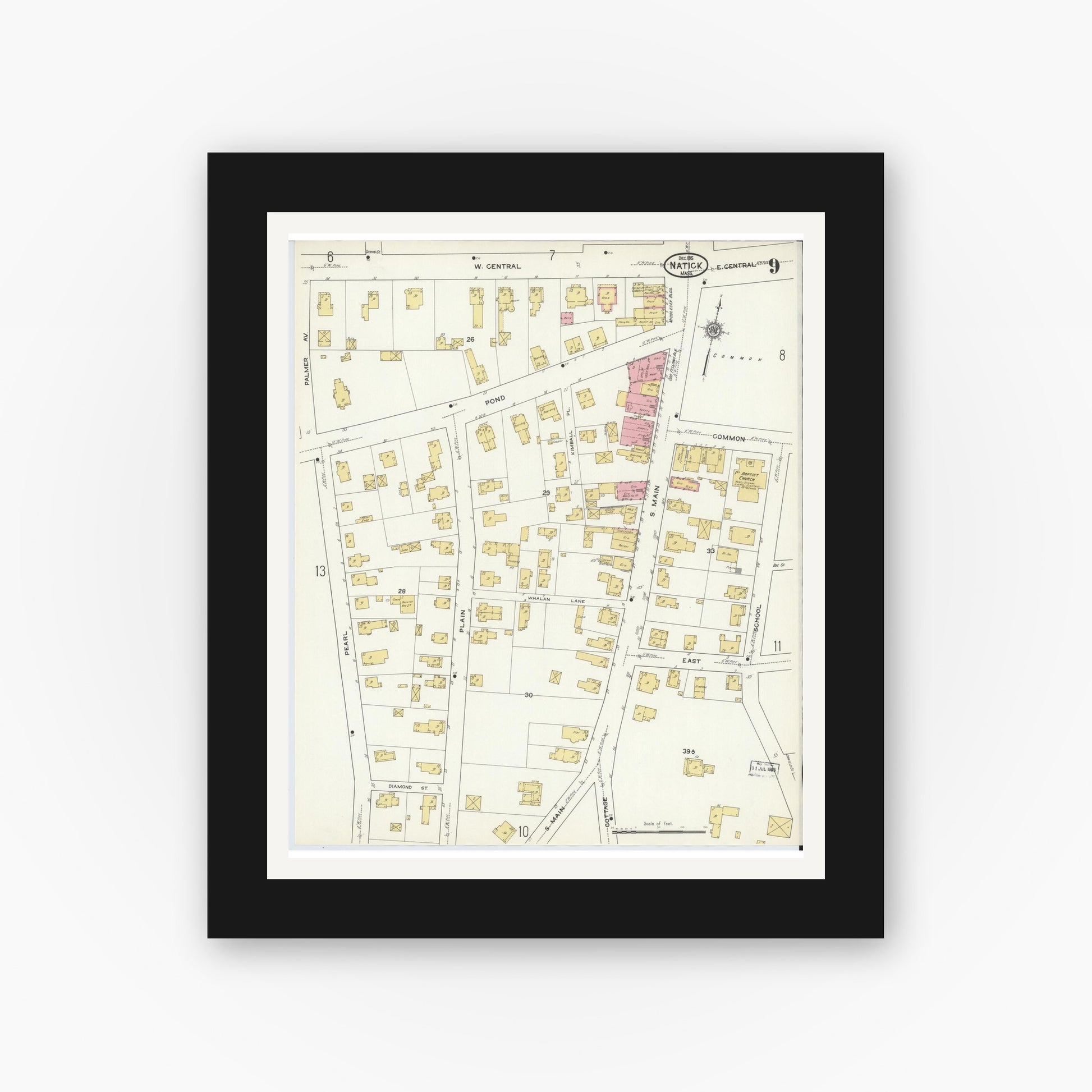 Old map wall art mockup — black gallery frame with white mat — Sanborn Fire Insurance Map from Natick, Middlesex County, Massachusetts (1915), Sheet #0009