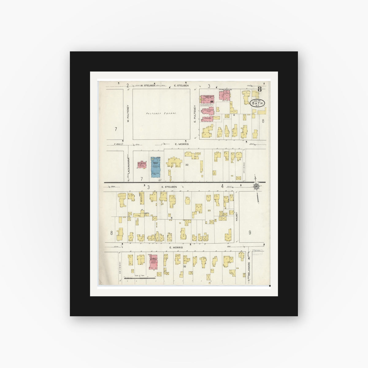 Old map wall art mockup — black gallery frame with white mat — Sanborn Fire Insurance Map from Bath, Steuben County, New York (1915), Sheet #0008