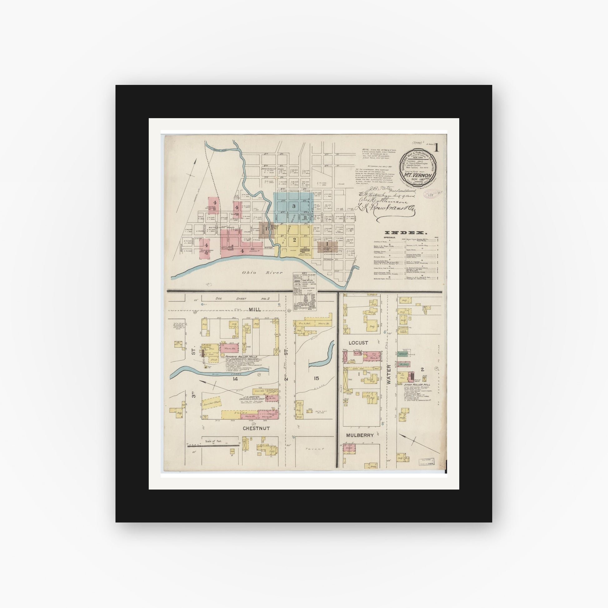 Old map wall art mockup — black gallery frame with white mat — Sanborn Fire Insurance Map from Mount Vernon, Posey County, Indiana (1887) - Complete Map Set
