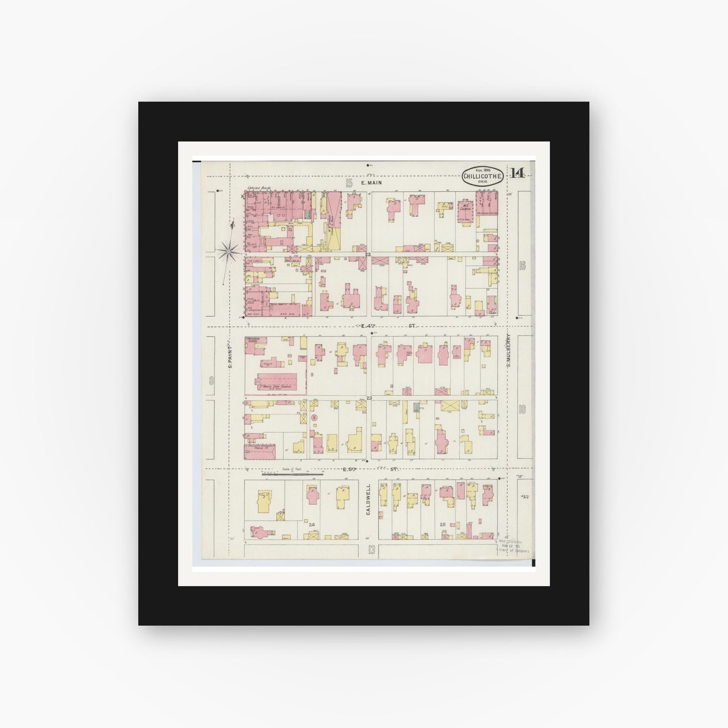 Old map wall art mockup — black gallery frame with white mat — Sanborn Fire Insurance Map from Chillicothe, Ross County, Ohio (1895), Sheet #0014