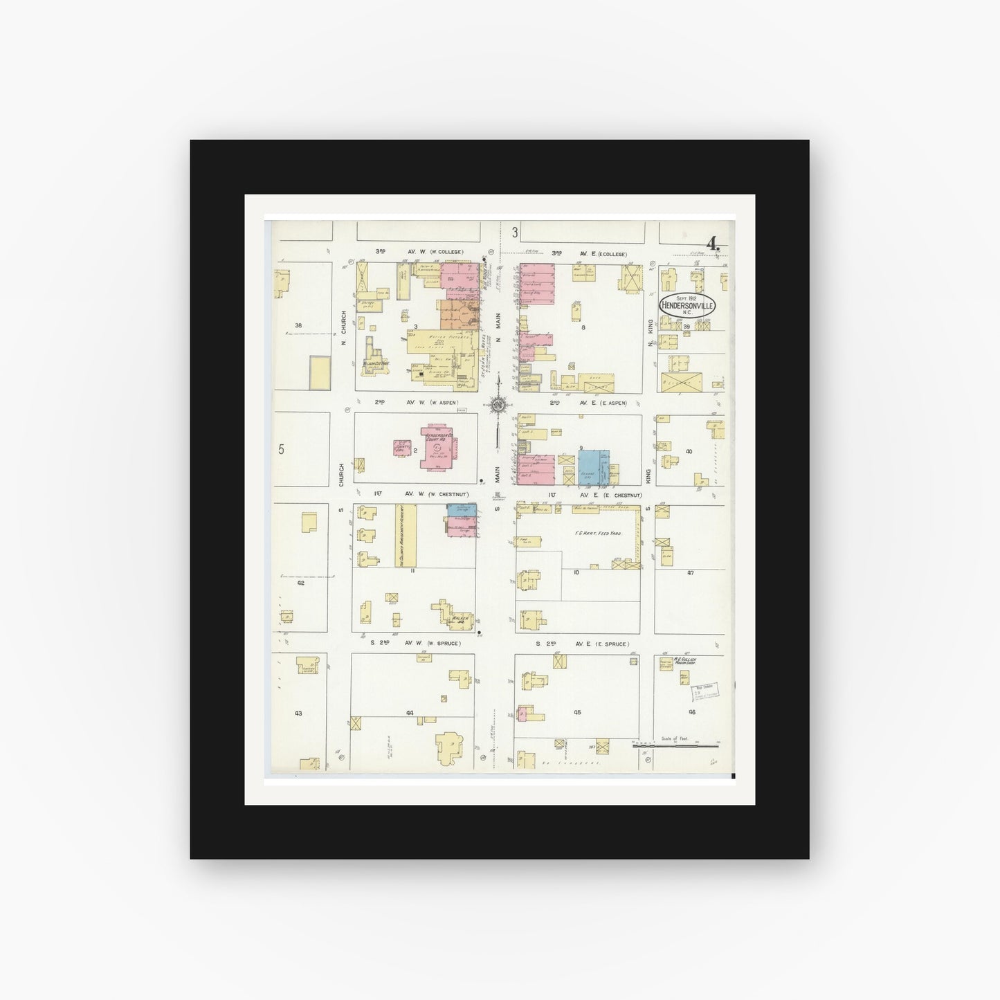 Old map wall art mockup — black gallery frame with white mat — Sanborn Fire Insurance Map from Hendersonville, Henderson County, North Carolina (1912), Sheet #0004