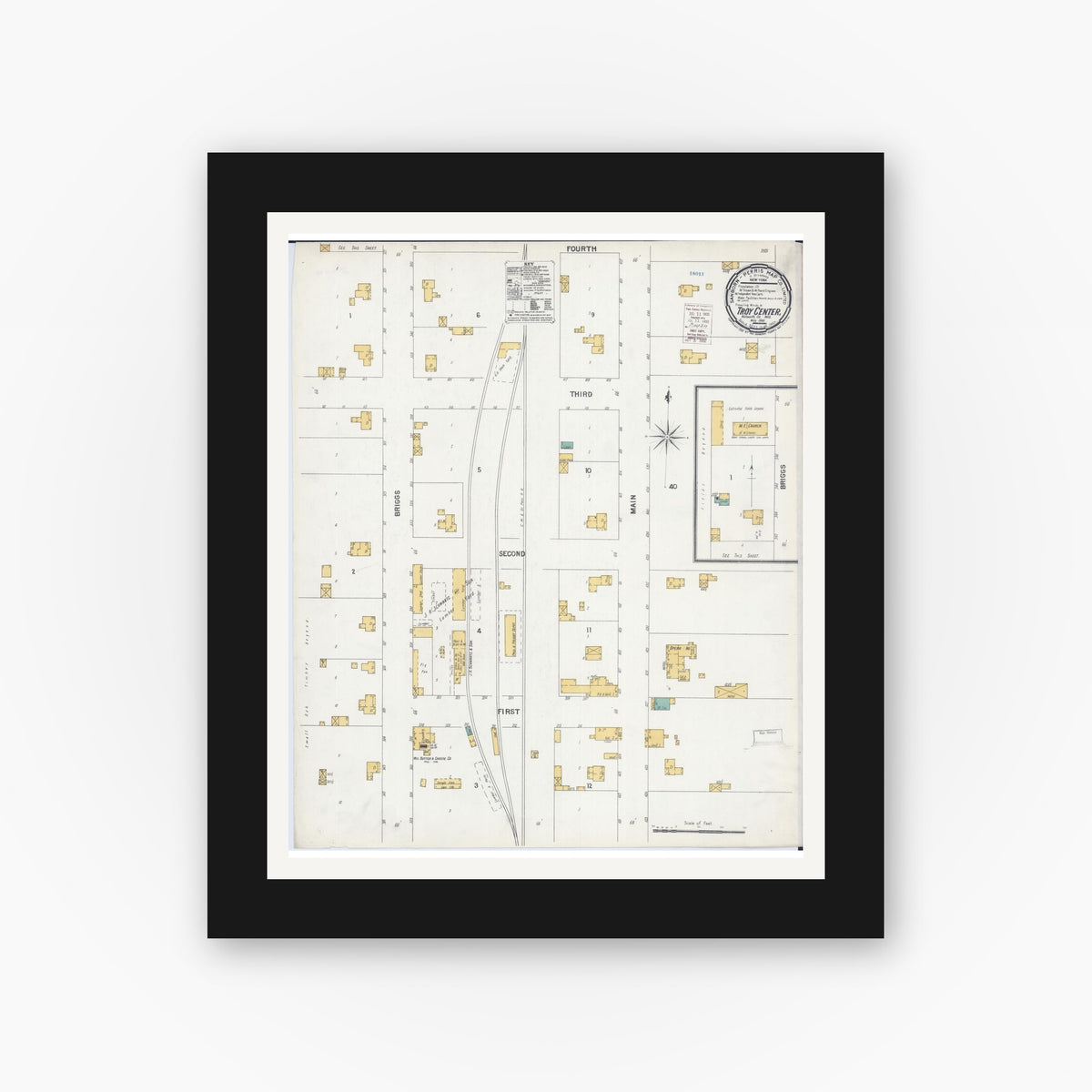Old map wall art mockup — black gallery frame with white mat — Sanborn Fire Insurance Map from Troy Center, Walworth County, Wisconsin (1900), Sheet #0001