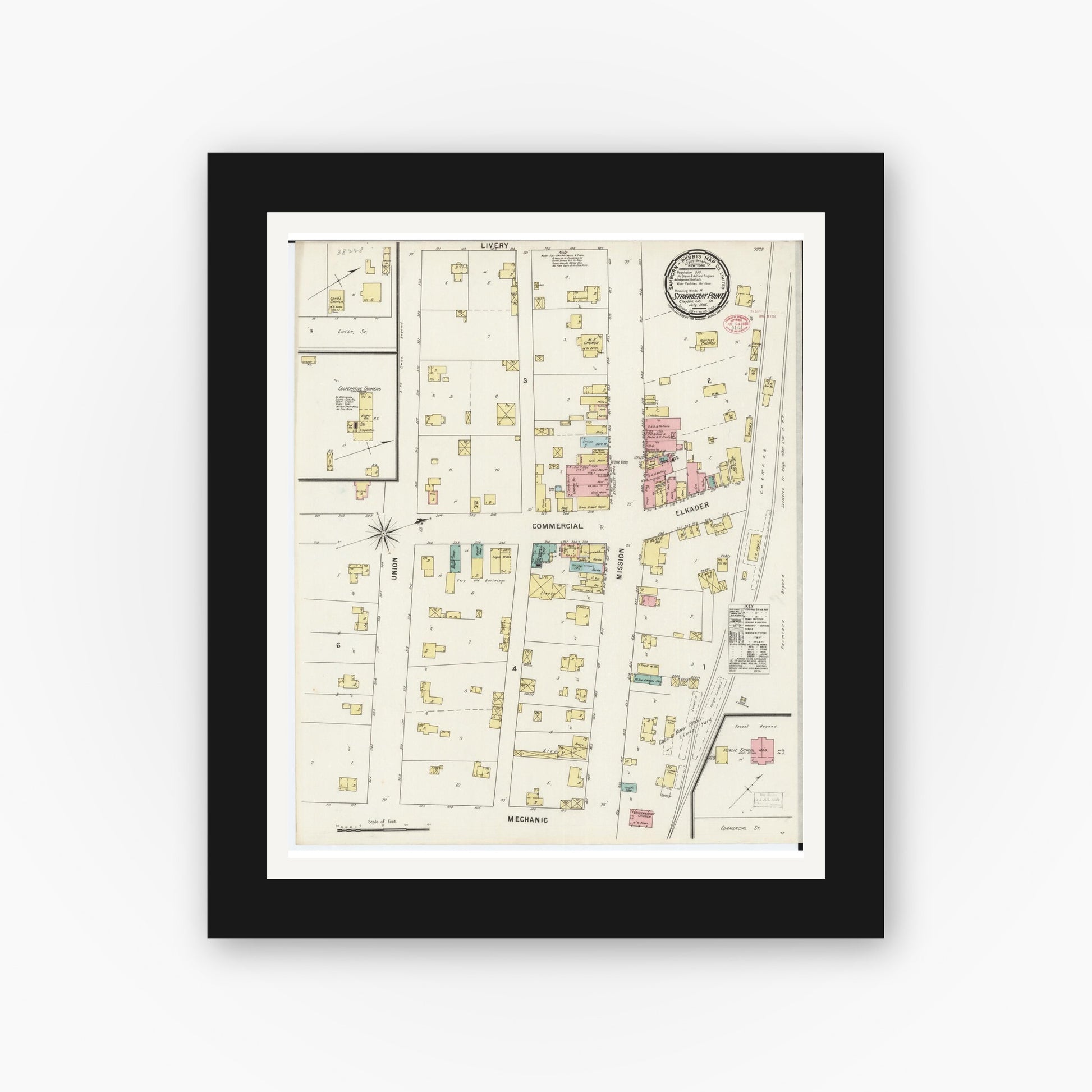 Old map wall art mockup — black gallery frame with white mat — Sanborn Fire Insurance Map from Strawberry Point, Clayton County, Iowa (1895), Sheet #0001