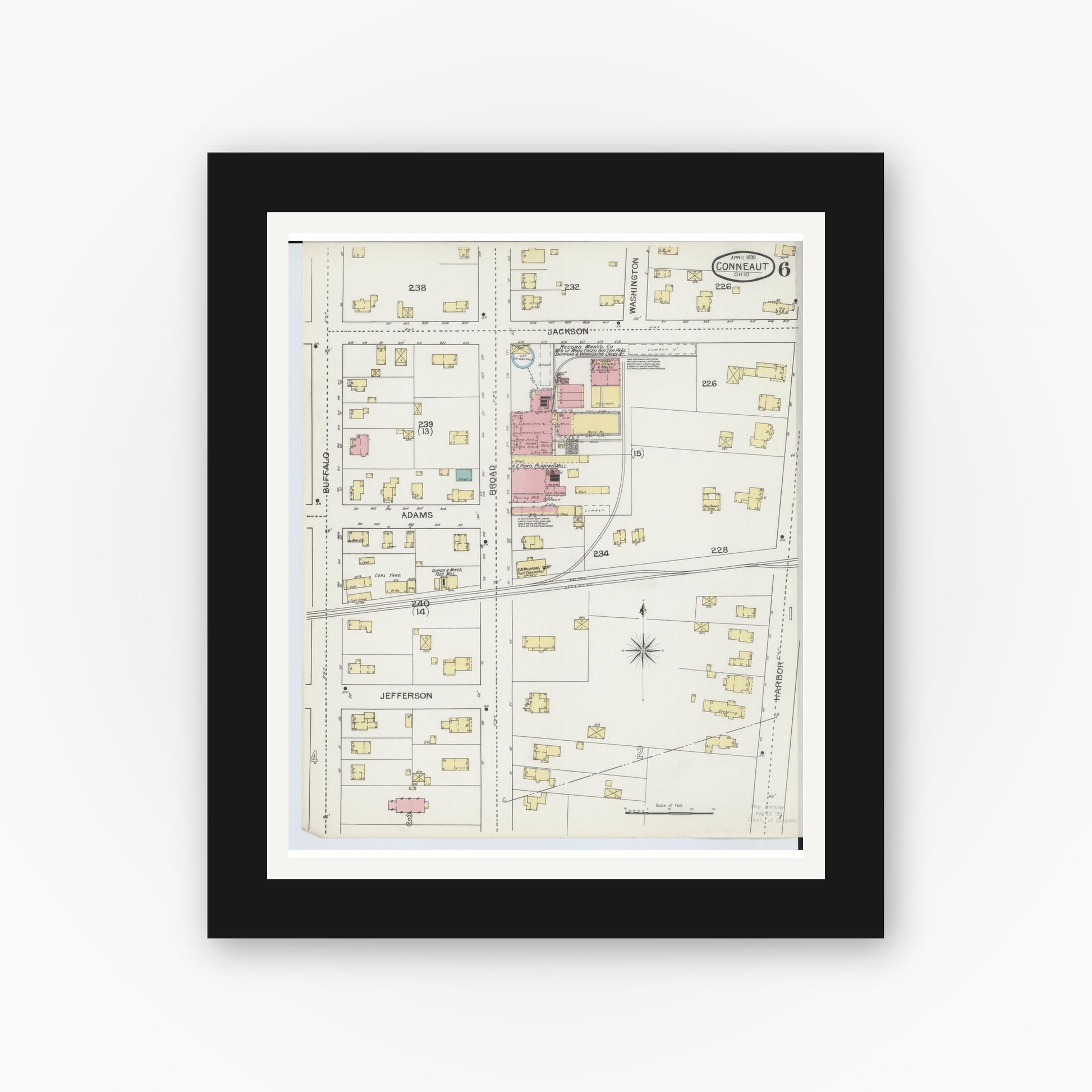 Old map wall art mockup — black gallery frame with white mat — Sanborn Fire Insurance Map from Conneaut, Ashtabula County, Ohio (1893), Sheet #0006