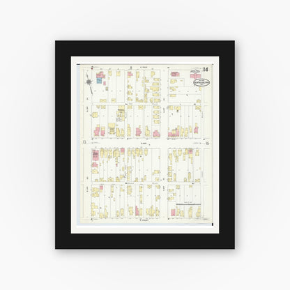 Old map wall art mockup — black gallery frame with white mat — Sanborn Fire Insurance Map from New Philadelphia, Tuscarawas County, Ohio (1910), Sheet #0014