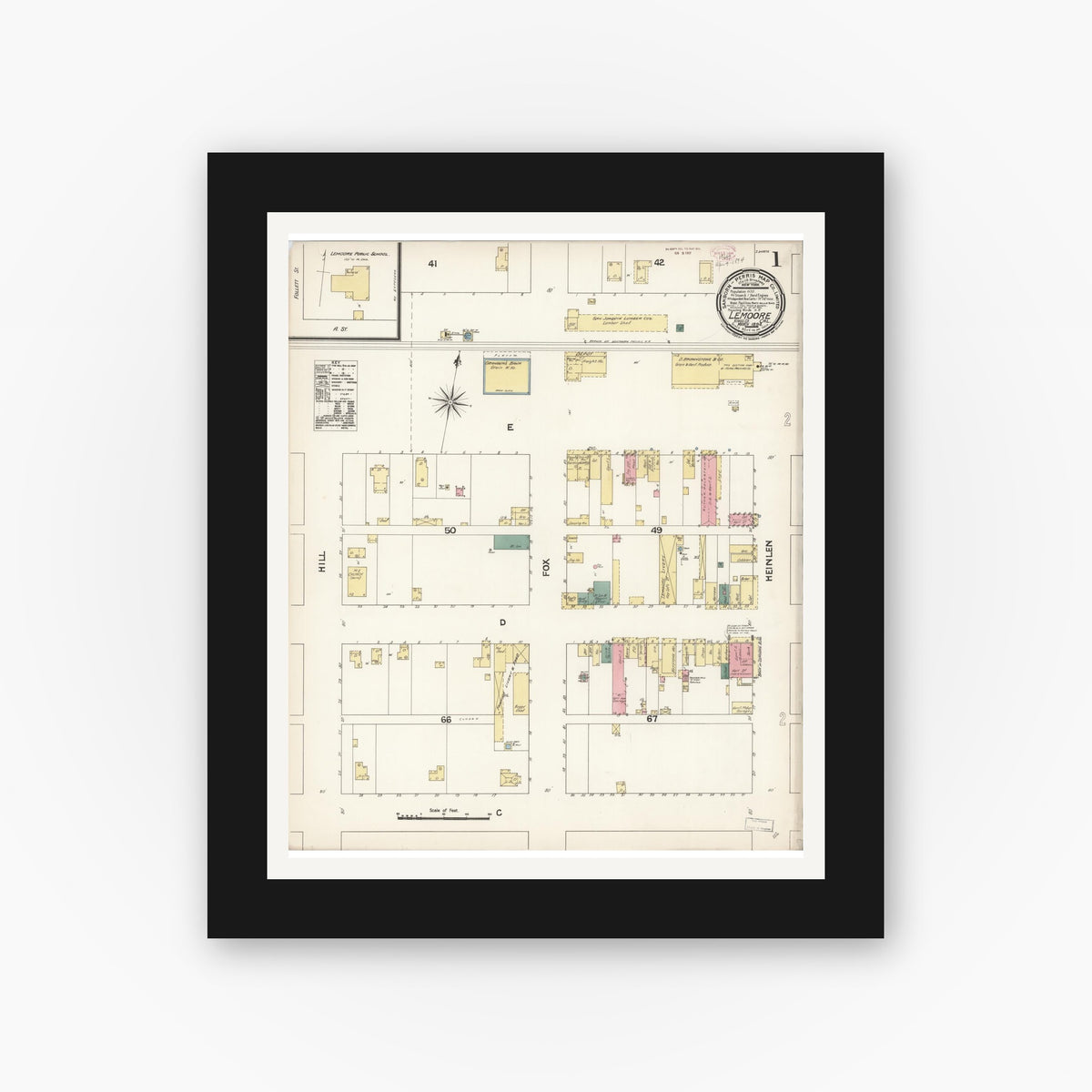 Old map wall art mockup — black gallery frame with white mat — Sanborn Fire Insurance Map from Lemoore, Kings County, California (1894) - Complete Map Set