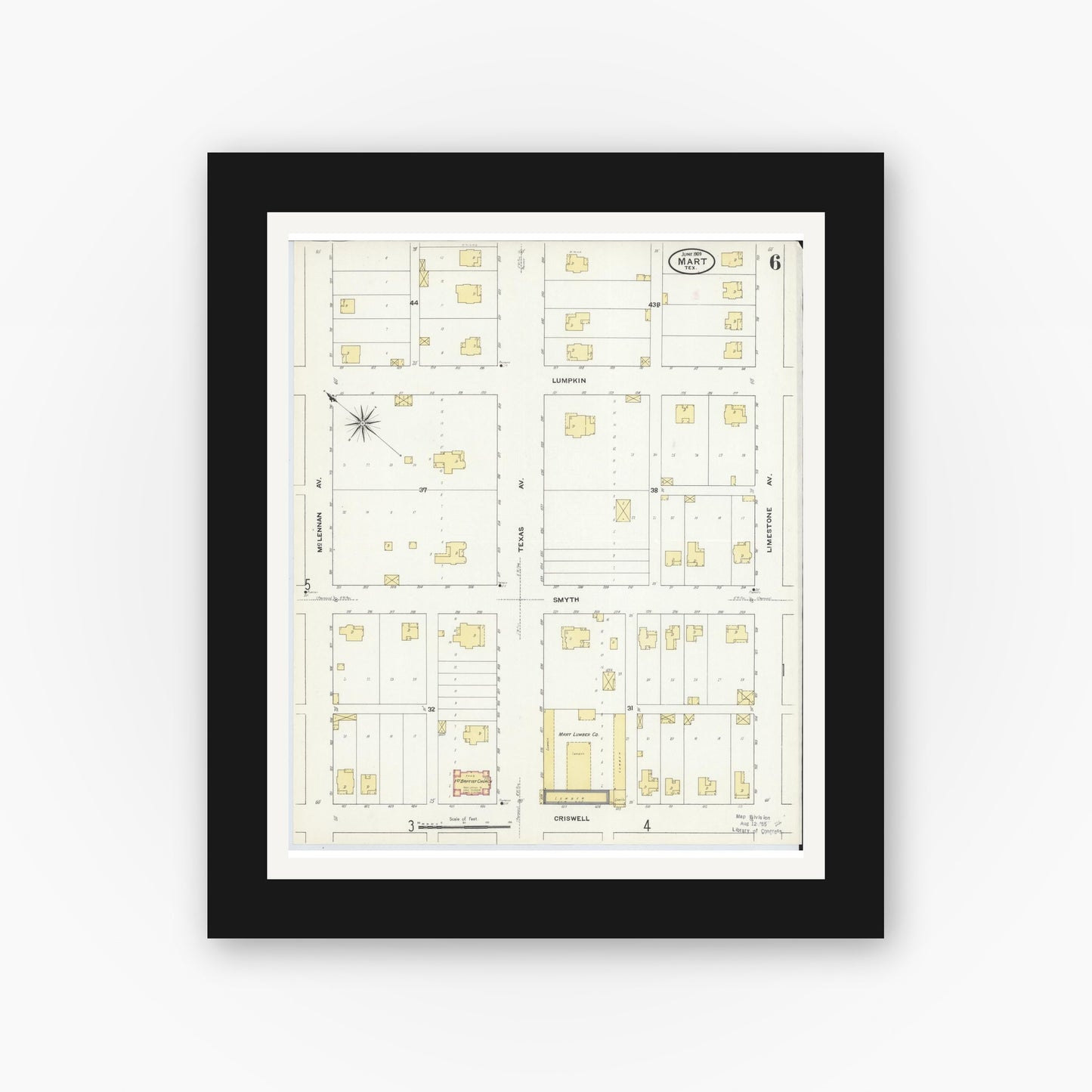 Old map wall art mockup — black gallery frame with white mat — Sanborn Fire Insurance Map from Mart, McLennan County, Texas (1909), Sheet #0006