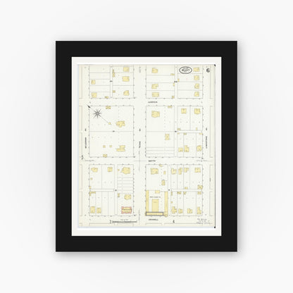 Old map wall art mockup — black gallery frame with white mat — Sanborn Fire Insurance Map from Mart, McLennan County, Texas (1909), Sheet #0006