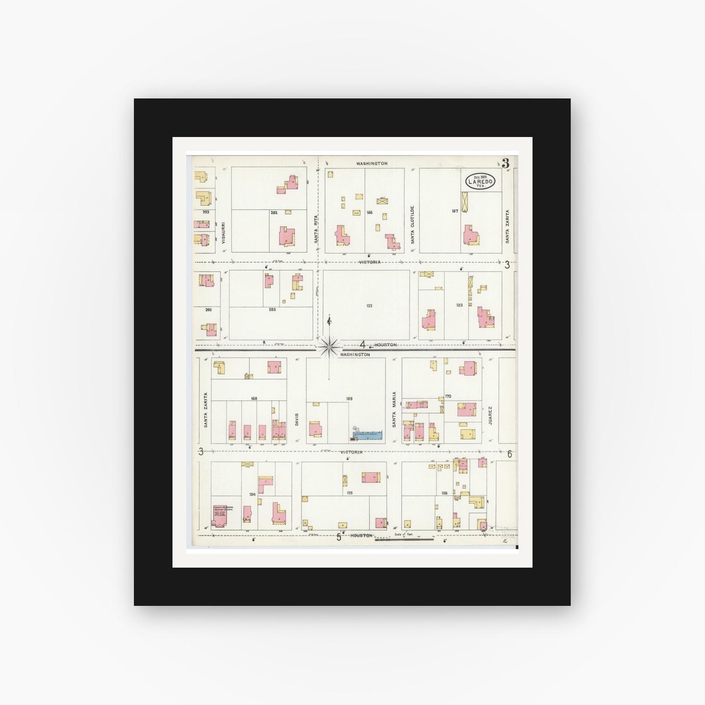 Old map wall art mockup — black gallery frame with white mat — Sanborn Fire Insurance Map from Laredo, Webb County, Texas (1905), Sheet #0003