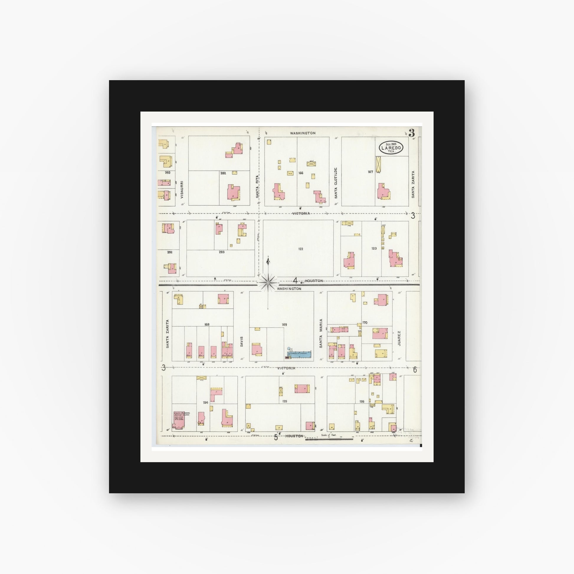 Old map wall art mockup — black gallery frame with white mat — Sanborn Fire Insurance Map from Laredo, Webb County, Texas (1905), Sheet #0003