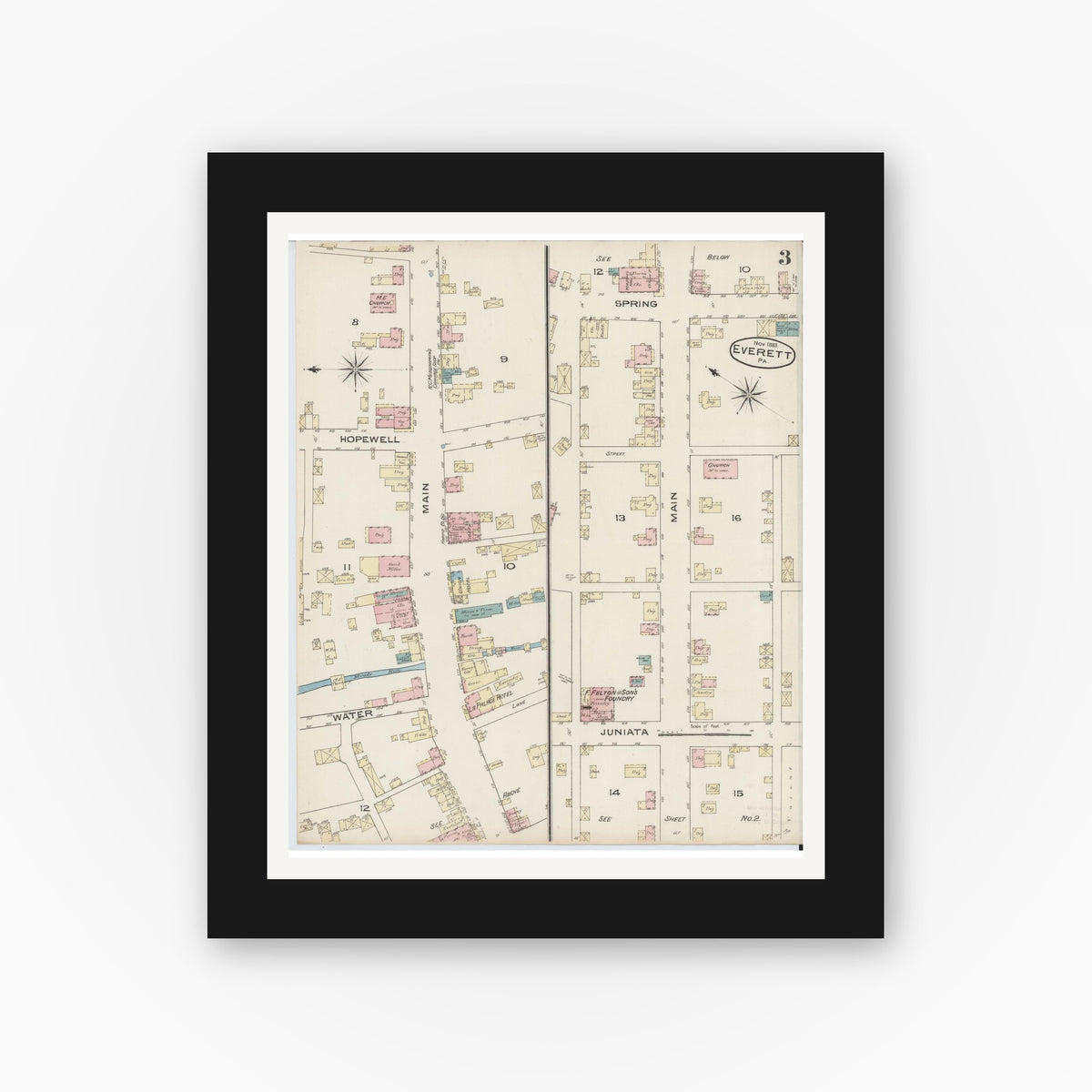 Old map wall art mockup — black gallery frame with white mat — Sanborn Fire Insurance Map from Everett, Bedford County, Pennsylvania (1885), Sheet #0003
