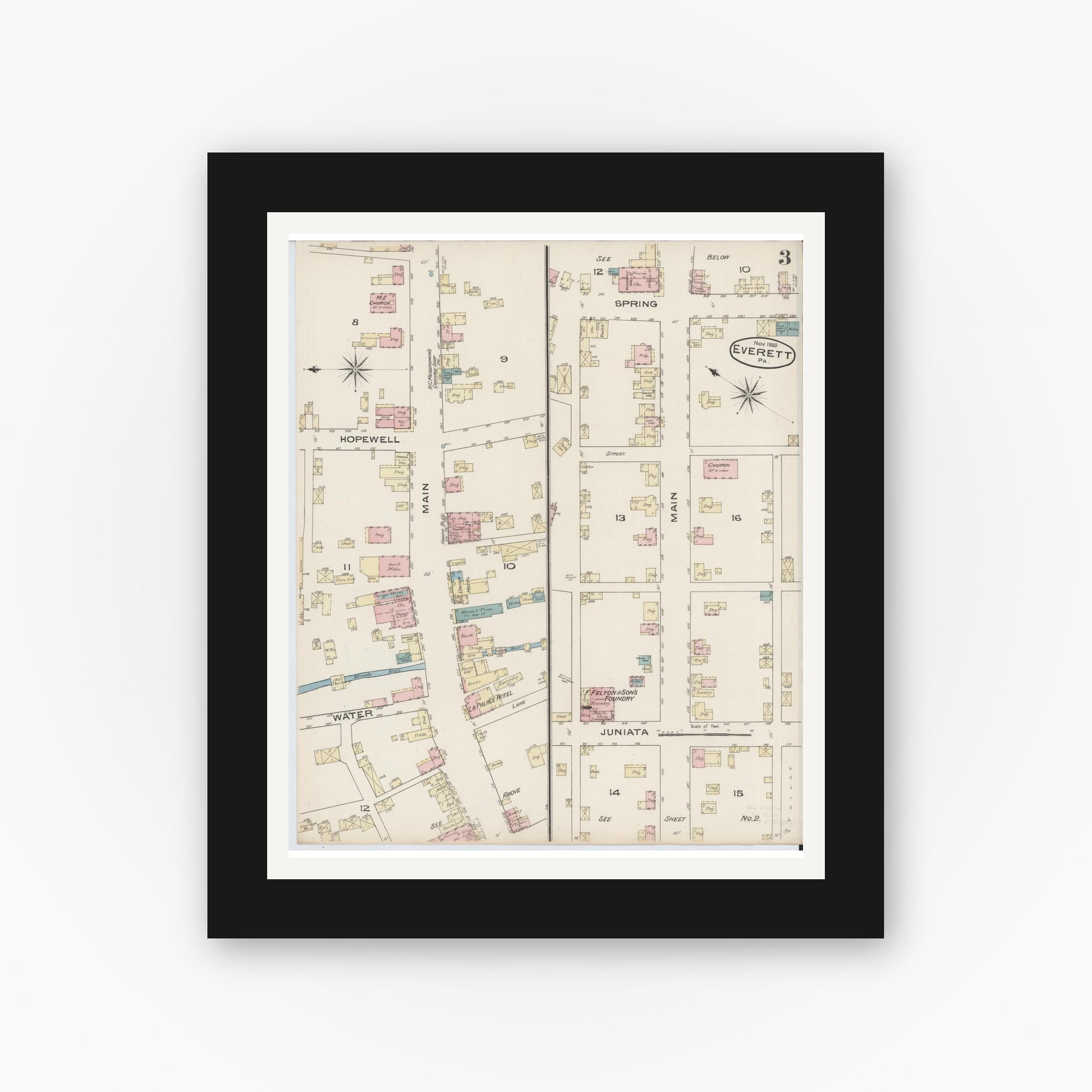 Old map wall art mockup — black gallery frame with white mat — Sanborn Fire Insurance Map from Everett, Bedford County, Pennsylvania (1885), Sheet #0003