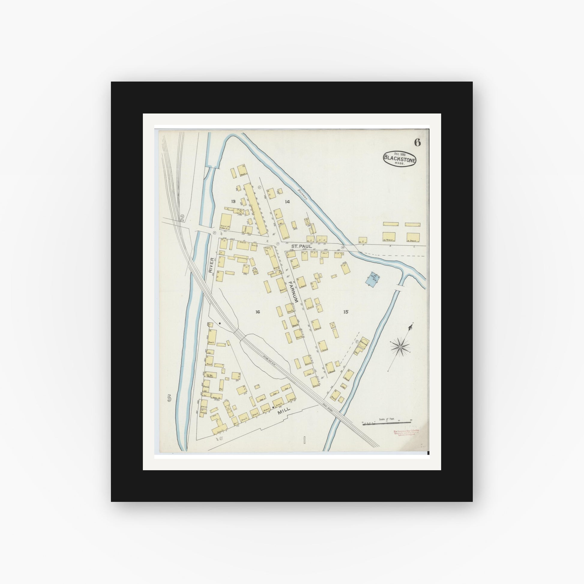 Old map wall art mockup — black gallery frame with white mat — Sanborn Fire Insurance Map from Blackstone, Worcester County, Massachusetts (1893), Sheet #0006