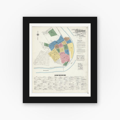 Old map wall art mockup — black gallery frame with white mat — Sanborn Fire Insurance Map from Duquesne, Allegheny County, Pennsylvania (1917) - Complete Map Set