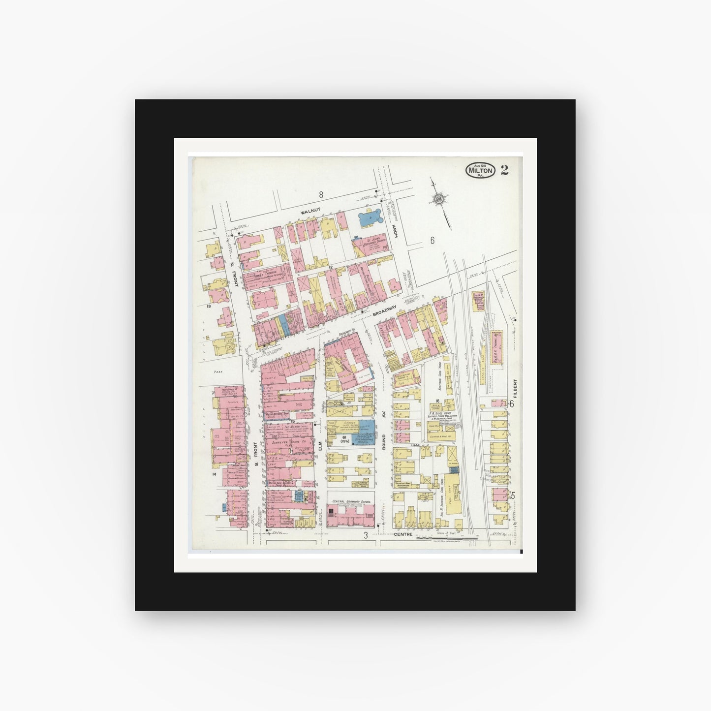 Old map wall art mockup — black gallery frame with white mat — Sanborn Fire Insurance Map from Milton, Northumberland County, Pennsylvania (1918), Sheet #0002