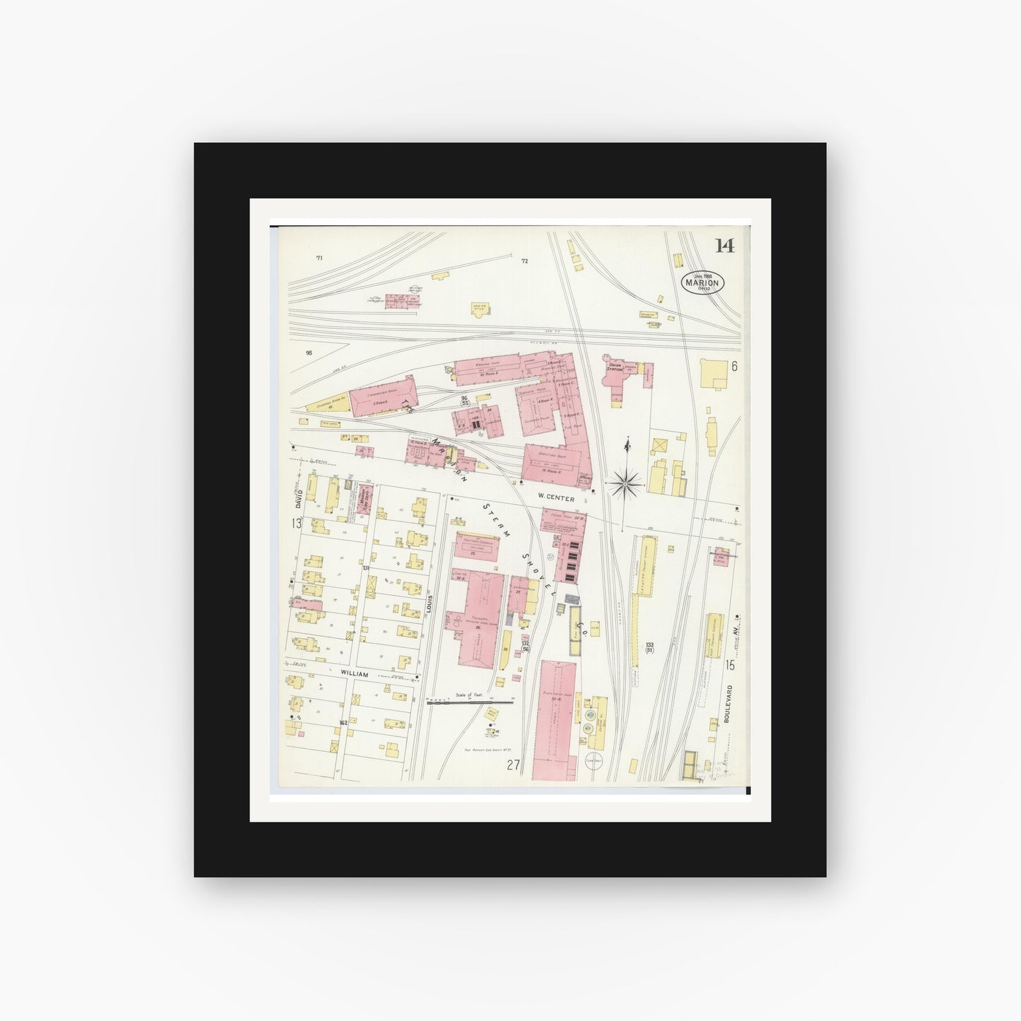 Old map wall art mockup — black gallery frame with white mat — Sanborn Fire Insurance Map from Marion, Marion County, Ohio (1908), Sheet #0014