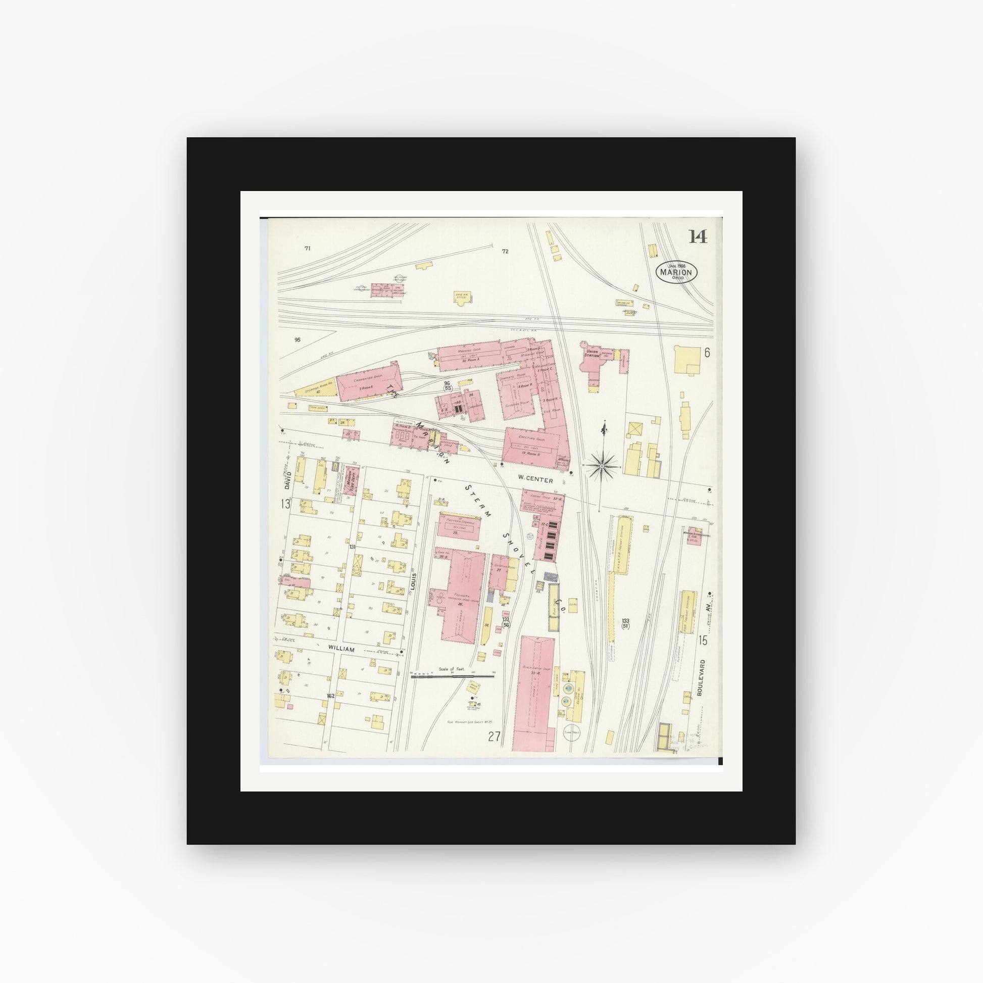 Old map wall art mockup — black gallery frame with white mat — Sanborn Fire Insurance Map from Marion, Marion County, Ohio (1908), Sheet #0014