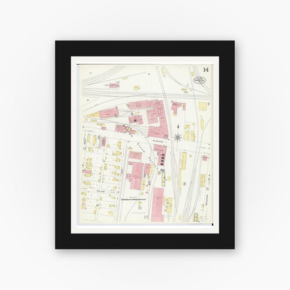 Old map wall art mockup — black gallery frame with white mat — Sanborn Fire Insurance Map from Marion, Marion County, Ohio (1908), Sheet #0014