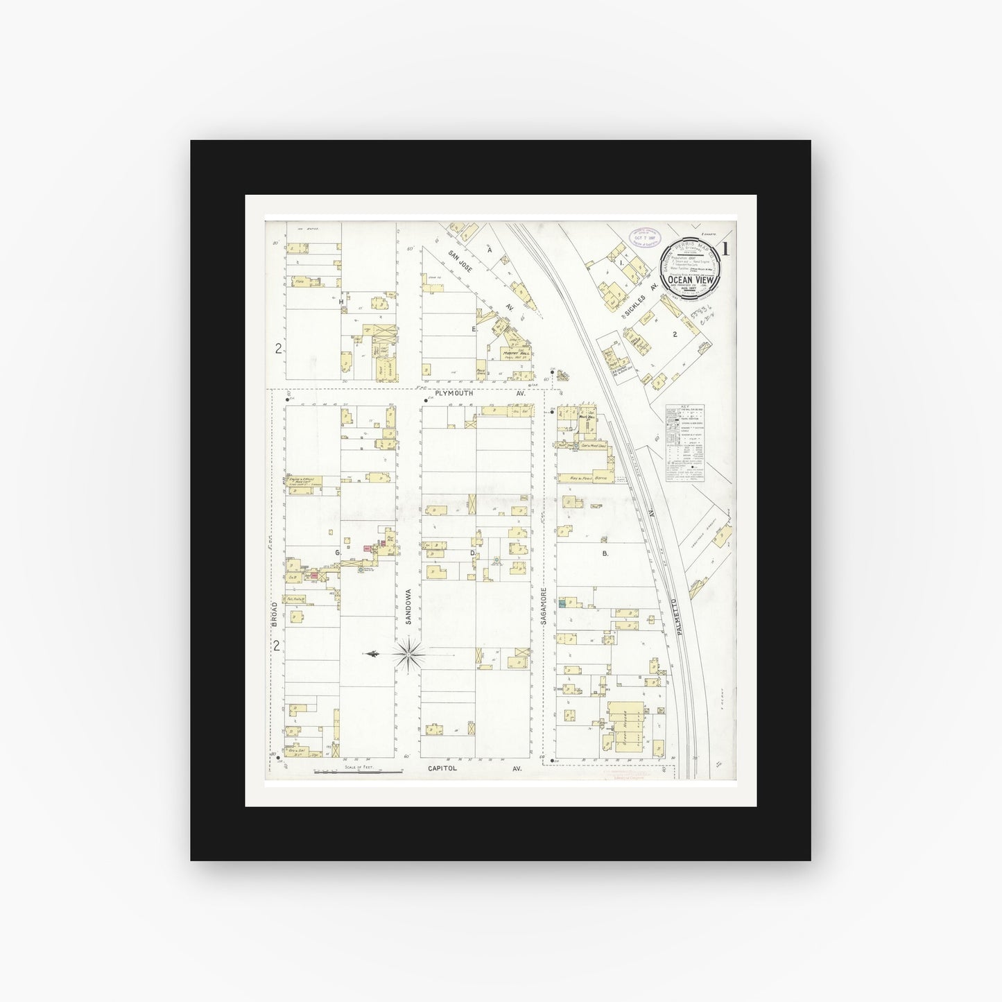 Old map wall art mockup — black gallery frame with white mat — Sanborn Fire Insurance Map from Ocean View, San Francisco County, California (1897) - Complete Map Set