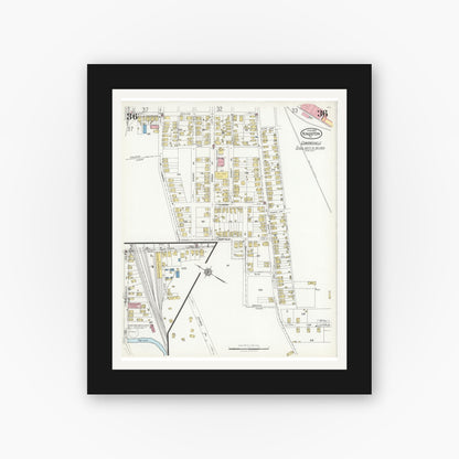 Old map wall art mockup — black gallery frame with white mat — Sanborn Fire Insurance Map from Kingston, Luzerne County, Pennsylvania (1925), Sheet #0036