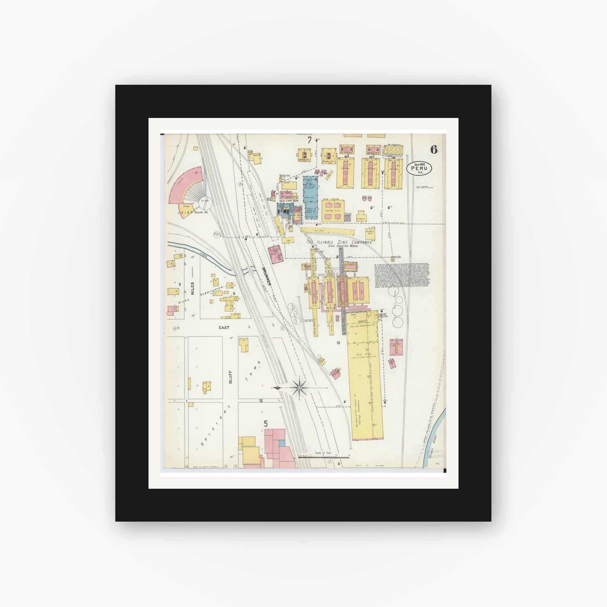 Old map wall art mockup — black gallery frame with white mat — Sanborn Fire Insurance Map from Peru, La Salle County, Illinois (1902), Sheet #0006