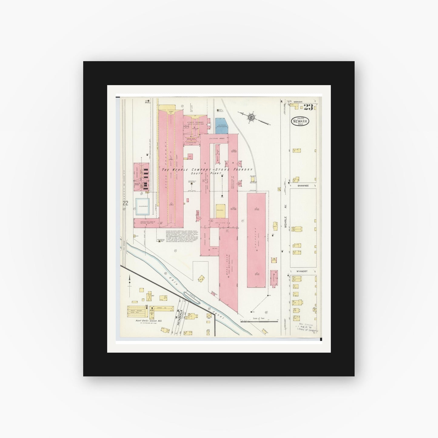 Old map wall art mockup — black gallery frame with white mat — Sanborn Fire Insurance Map from Newark, Licking County, Ohio (1912), Sheet #0023