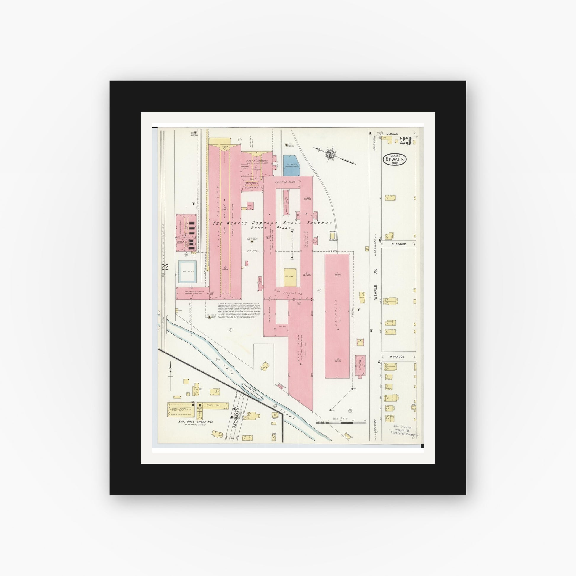 Old map wall art mockup — black gallery frame with white mat — Sanborn Fire Insurance Map from Newark, Licking County, Ohio (1912), Sheet #0023