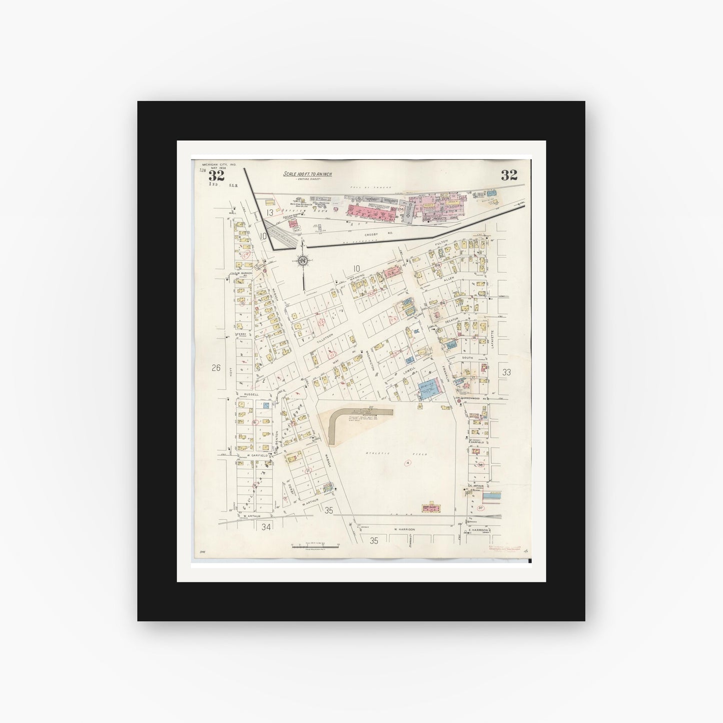 Old map wall art mockup — black gallery frame with white mat — Sanborn Fire Insurance Map from Michigan City, La Porte County, Indiana (1948), Sheet #0032