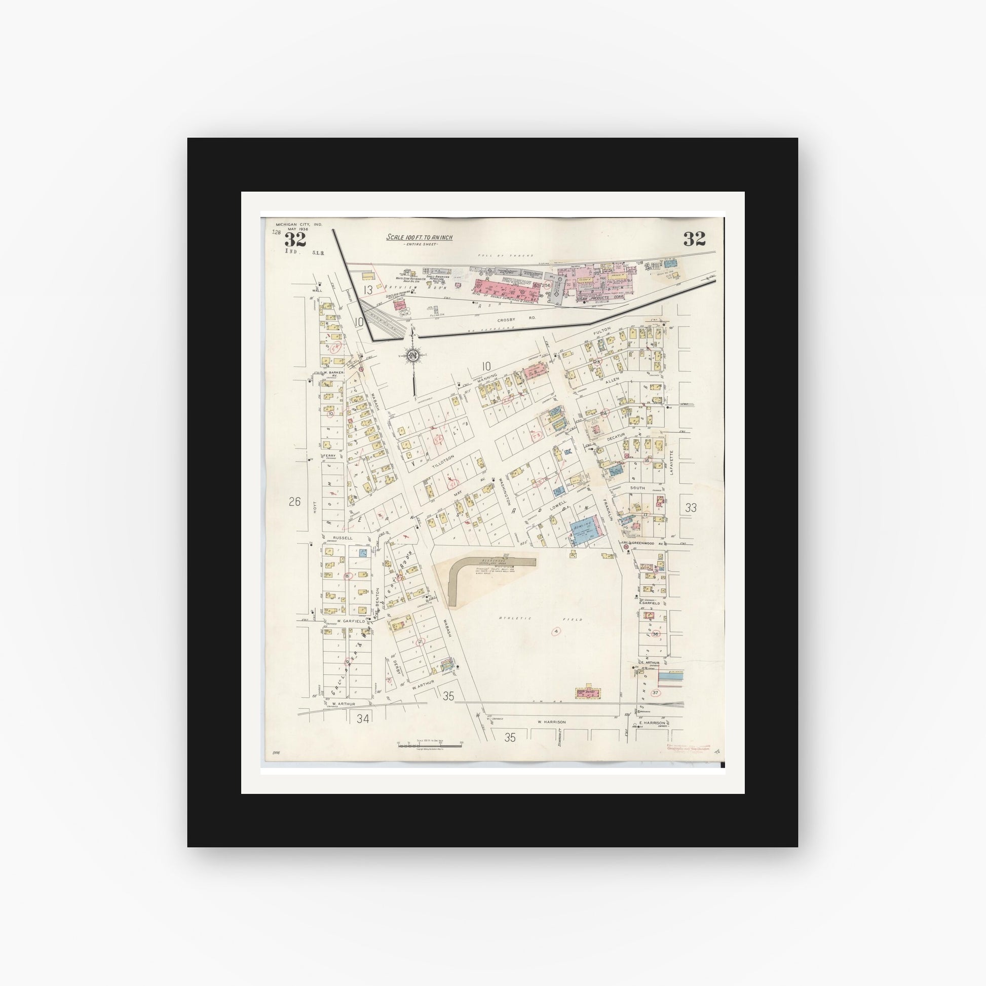 Old map wall art mockup — black gallery frame with white mat — Sanborn Fire Insurance Map from Michigan City, La Porte County, Indiana (1948), Sheet #0032