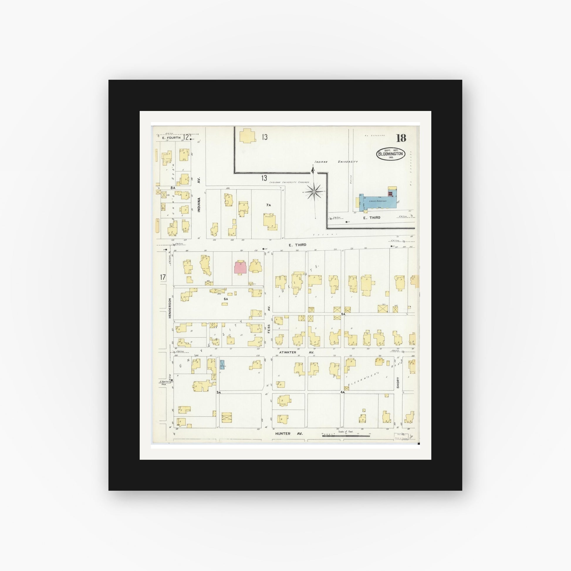 Old map wall art mockup — black gallery frame with white mat — Sanborn Fire Insurance Map from Bloomington, Monroe County, Indiana (1907), Sheet #0018